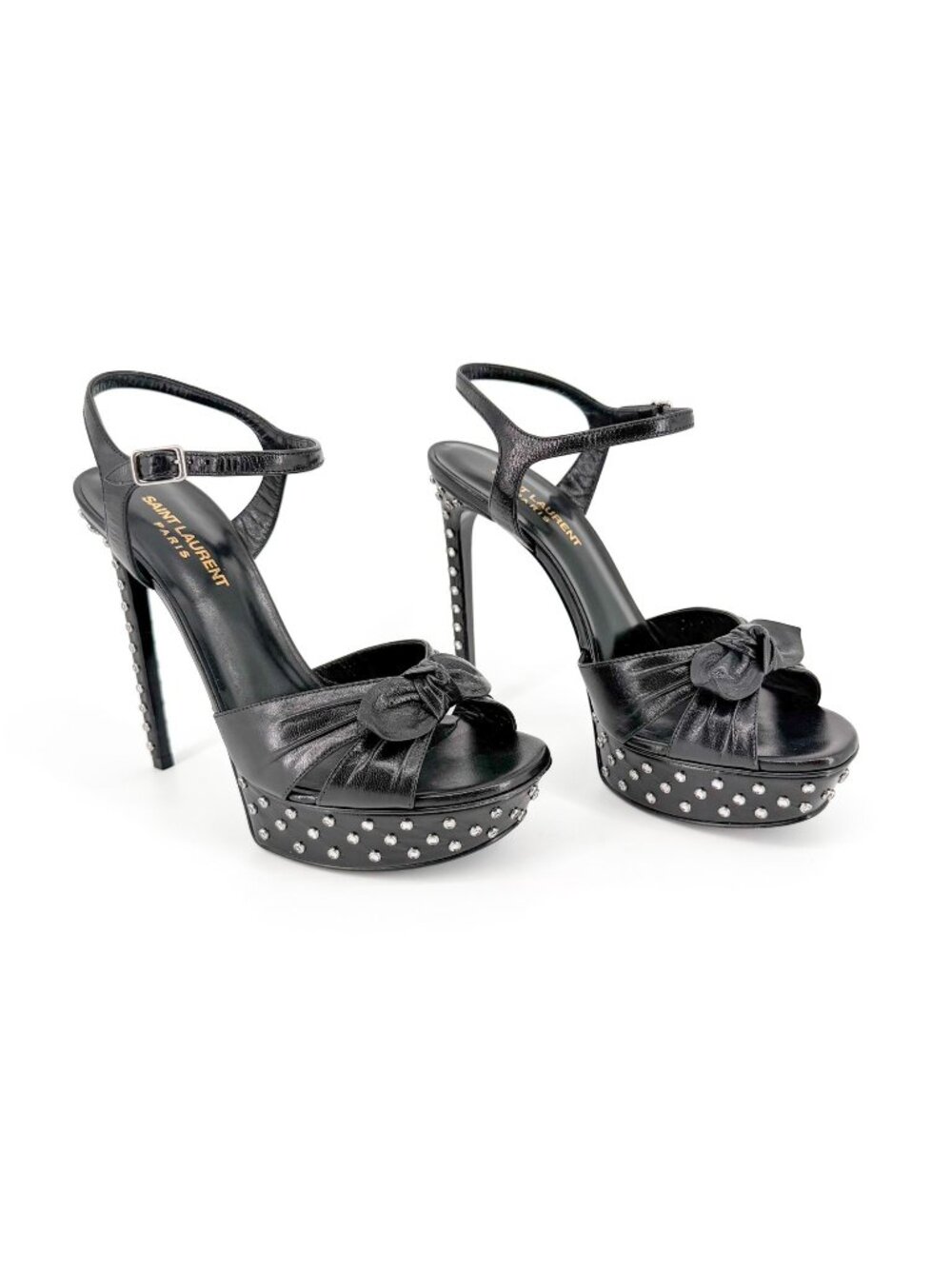 Saint Laurent Crystal Platform Sandals Heels Black Leather Size 39.5 US 9.5 Bow